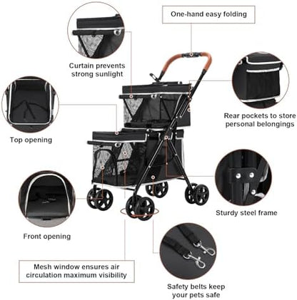 Double Pet Stroller for 2 Dogs & Cats, Double-Decker, Black