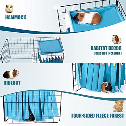 Guinea Pig Hideout - Guinea Pig Corner Hideout, Four-Sided Fringes, Square Top and Washable Hides, Ideal Hides for Small Pets, No Metal Fences, Blue