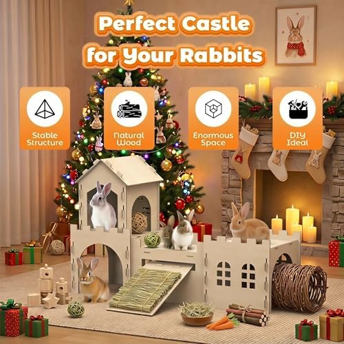 Large Bunny House and Hideouts, Wooden Dual-Layer Rabbit Castle with 4 Houses Indoor, Sturdy Habitat for Guinea Pig Chinchilla Ferret (Extra Large-4 House)