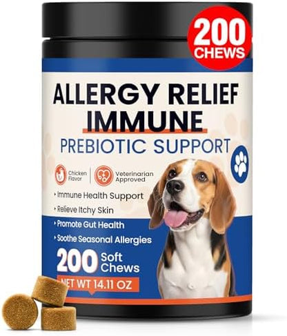 Dog Allergy Chews 200 Ct - Itch Relief for Dogs Immune Support with Colostrum Probiotics & Omega 3 - Seasonal Allergies Anti-Itch Skin & Coat Supplement, Itchy Skin & Paw Relief Bites - Chicken Flavor