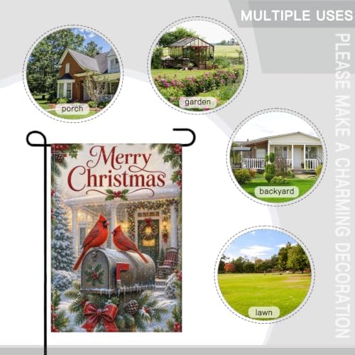 Merry Christmas House Flag 28x40 Inch Cardinal Pair Snowy Mailbox Holly Berry Pinecone Wreath Classic Winter Outdoor Yard Lawn Front Porch Welcome Double Sided Banner Decor