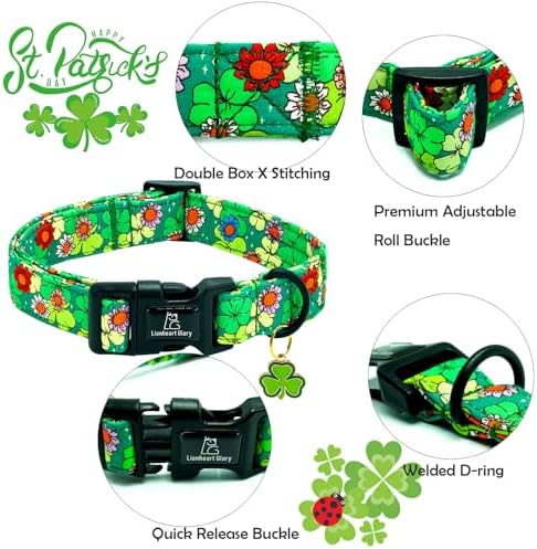 Lionheart glory St. Patrick's Dog Collar-Lucky Clover Shamrock Green Spring Trefoil Dog Collar for Medium Dogs Adjustable Heavy-Duty Dogs Collars Pet Gift Female