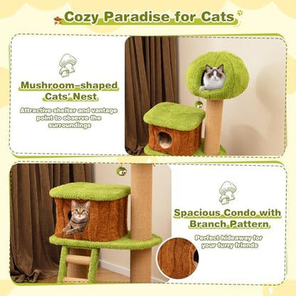 PETSITE 56-inch Forest-Themed Cat Tree, Multi-Level Cat Tower with 2 Cute Condos, Climbing Ladder, Teasing Ball, Sisal Posts, and Removable Cushion, Modern Cute Cat Tree for Indoor Cats
