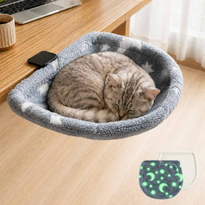 Cat Desk Bed with 2 Covers - Glow in the Dark Plush & Breathable Mesh, Foldable Cat Hammock Perch with Larger Contact Clamp, Removable Washable Covers, Metal Frame, Grey, 50 lb Weight Capacity