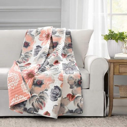 Lush Decor Leah Reversible Throw Blanket, 50" W x 60" L, Coral & Gray - Large Blooming Watercolor Flowers - Charming Quilted Floral Blanket for Bed, Couch, Or Chair (Pack of 5)