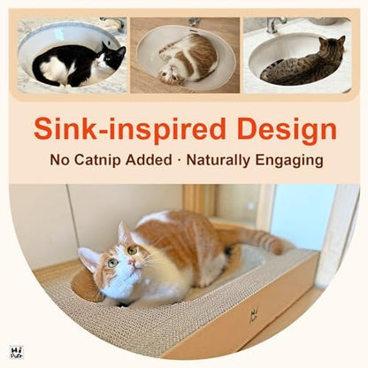 Large Cat Scratcher Bed with Oval Curved Nesting Design, Sink-Inspired Shape, Rectangular Edges for Easy Cleaning, Corrugated Cardboard with Kraft Paper, for Indoor Cats