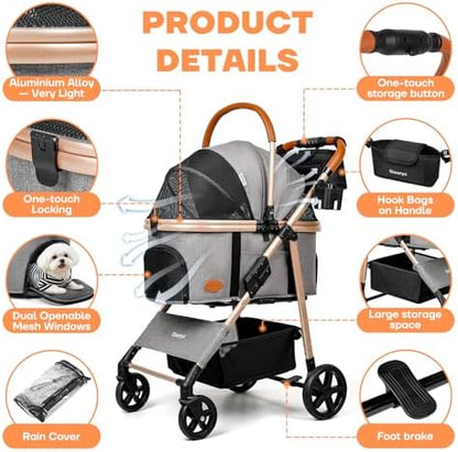 Dog Cat Stroller for Small/Medium Pets, 50 lbs, 3-in-1 Pet Stroller, Grey
