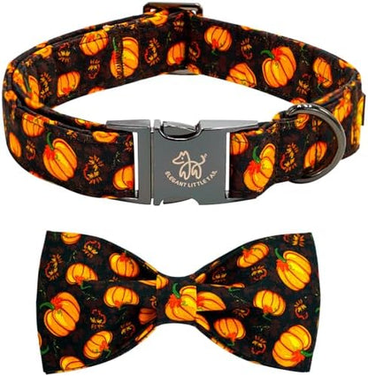 Elegant little tail Fall Dog Collar, Halloween Pet Collars with Bow Cute Pumpkin Print Puppy Collar Female or Male Cotton Adjustable Collars for Small Medium Large Dogs