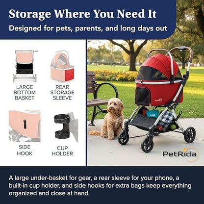 Dog Stroller with Detachable Carrier for Small Dogs & Cats, Red
