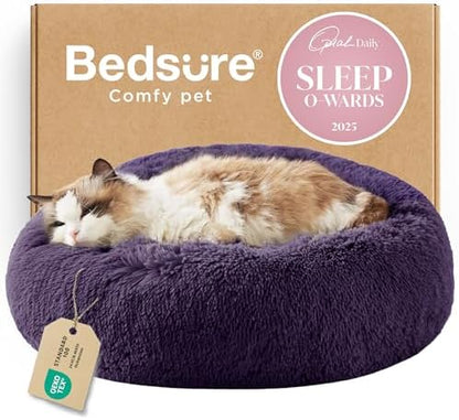 Bedsure Calming Cat Beds Donut Round Washable Kitten Bed,20 inches Purple