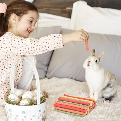 ERKOON 120Pcs Rabbit Timothy Hay Sticks, Five Flavors：PurplePotato/TimothyHay/Pumpkin/Strawberry/Carrot，Suitable Guinea Pig, Hamste, Gerbil, Chinchilla Treats, Chew Toys for Teeth for Bunnies