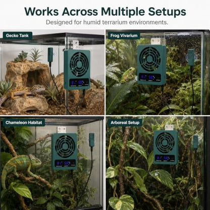 Reptile Ventilation Fan, Auto Temperature/Thermometer Control LED Digital Humidity Gauge, °C/°F Switchable Dehumidifier for Reptile Tank, Rainforest, Ecological Pet Rearing Box