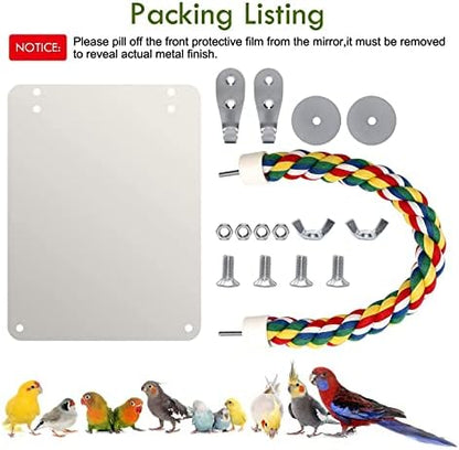 Stainless Steel Bird Cage Mirror, Parakeet Mirror with Rope Perch, 10.6 in