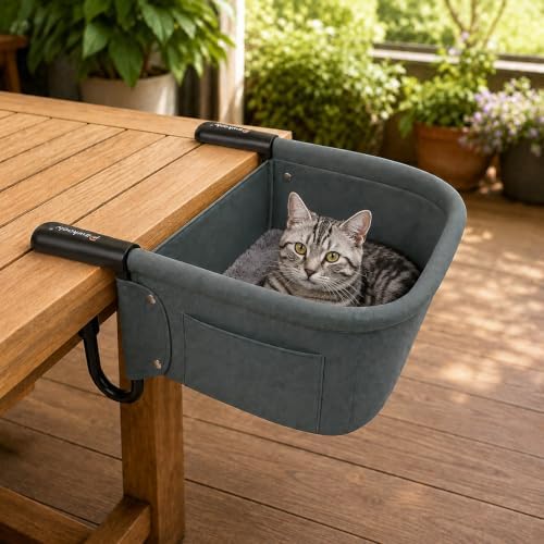Heavy Duty Clamp-On Cat Desk Bed for Large Cats Up to 50 LBS,Desk Mount Cat Perch Hammock with Dual-Sided Detachable Mat&Side Storage Pockets,Tool-Free Easy Install for Gaming/Office Desk（Sage Green）