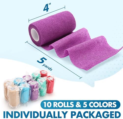 LotFancy Vet Wrap, 4 Inch x 5 Yards, 10 Pack Self Adhesive Bandage Wrap, Non-Woven Cohesive Bandage, First Aid Tape for Horses Dogs Cats Elbow Ankle, Assorted Color