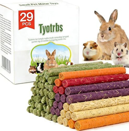 Chew Treat Rabbit Toys for Teeth Health, Natural Bunny Enrichment Toys for Boredom & Stress Relief, Keep Busy Toys for Guinea Pig Chinchilla Hamster Rat Gerbil Degu (29Pcs 5 Flavors)