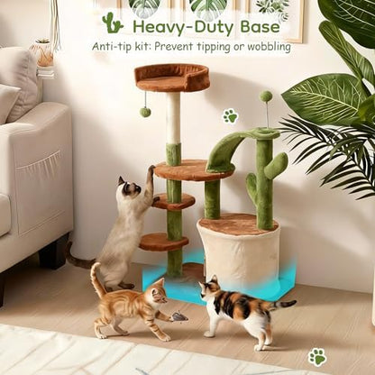 Cactus Cat Tree for Indoor Cats, 36" Multi-Level Cat Tower with Sisal Scratching Posts, Stable Cat Condo with Perches and Steps, Brown