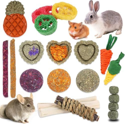 Bunny Toys, 21PCS Rabbit Chew Toys for Teeth, Guinea Pig Natural Treats
