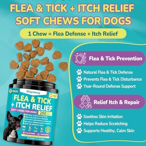 Woyamay Flea and Tick Prevention for Dogs, Flea & Tick + Itch Relief Chews