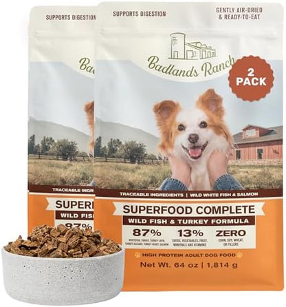 BADLANDS RANCH Air-Dried Fish & Turkey Dog Food, 87% Meat, 64 oz, 2-Pack