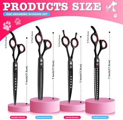 Dream Reach Dog Grooming Scissors - 7" Professional 6 in 1 Sharp Dog Shears Set Thinning, Chunker, Straight, Curved Shears and Comb for Dog Cat Pet, Pink