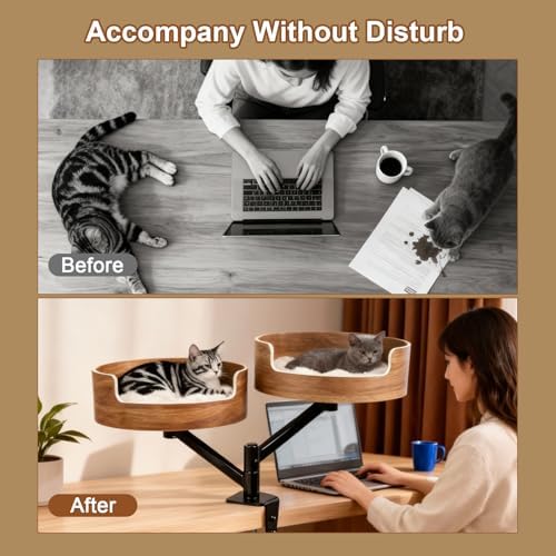 Double Cat Desk Bed with 2 Pet Mat ，360° Rotation ，Walnut Wood Finish，Space-Saving Perch Adjustable Cat Bed Desk Easy Install - Suitable for Indoor Furniture for Office & Game Tables