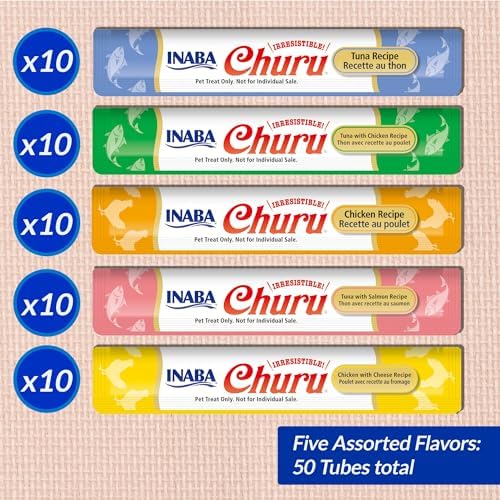 INABA Churu Cat Treats, Lickable, Squeezable Creamy Purée Cat Treat with Green Tea Extract & Taurine, 0.5 Ounces Each Tube, 50 Tubes, Tuna & Chicken Variety