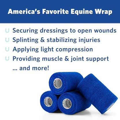 OVIK Health PowerFlex Equine – Extra Strong Self-Adhering Bandage Wrap – Wound Care, Compression & Support Bandage for Horses, Cows & Dogs – Blue, 4 inch, 4 Rolls (Resealable Case)