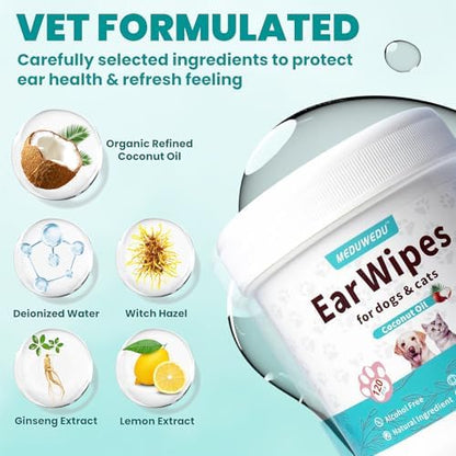 MEDUWEDU Ear Cleaner Wipes 120 Counts, Dog Ear Cleaner, Grooming Kit Care for Dogs and Cats, Soft & Easy Otic Cleaning Pads, Remove Wax, Dirt & Stop Smelly, Itchy, Non-Irritating, Coconut Scent