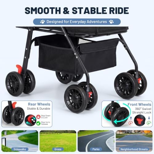 Dog Stroller for Small Dogs, Foldable Pet Stroller up to 35 lb, Panoramic Mesh Pet Cat Stroller with Detachable Carrier, with Safety Tether, Puppy Doggie Stroller for Medium Dogs 20 lbs, Light Black