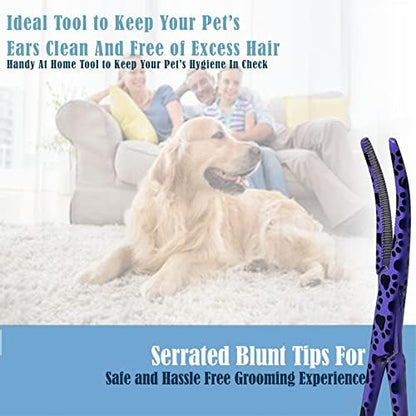 Dog Pet Ear/Nose Hair Puller Grooming Hemostat Locking Forceps Curved Pliers, 5.5" (14cm) Full Serrated Clamps Stainless Steel (Purple Paws)