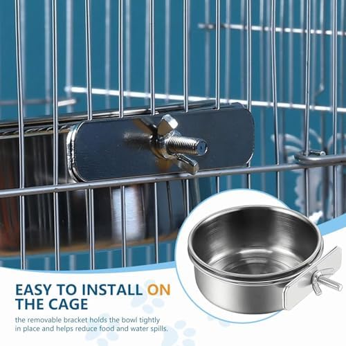 Stainless Steel Bird Feeding Bowls, 2Pcs Small Bird Feeding Cup with Holder, Parrot Food Bowl Cage Water Feeder, Pet Cage Cup Holder for Parrots, Canaries, Hamsters (Dia 7.09", 6.3")