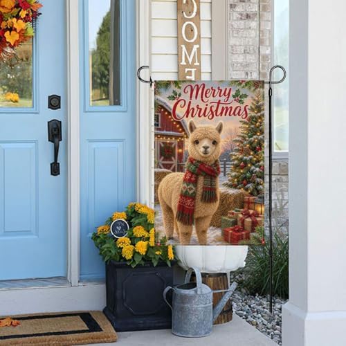 Christmas Llama Garden Flag 12x18 Inch Merry Holiday Alpaca Scarf Barn Tree Gifts Snowy Rustic Farmhouse Outdoor Yard Lawn Porch Double Sided Banner Winter Welcome Decor