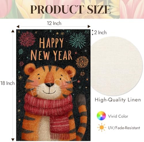 Happy New Year Garden Flag 12x18 Double Sided Vertical Linen Small Fireworks Tiger House Flag Welcome Holiday Winter House Outdoor Outside Decorations (27169)