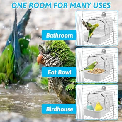Tfwadmx Bird Cage Bath Hanging Parrot Bath Tub Water Shower Food Feeder Holder Tray Bird Bath Supplies for Small Birds Canary Budgies Cockatiel Lovebirds (White)