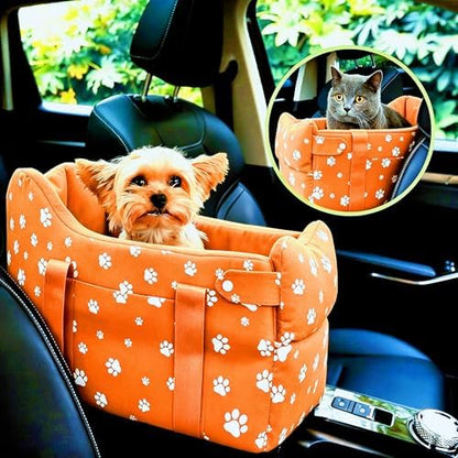 Center Console Dog Car Seat Safe Travel for Small Dogs Under 15 lbs Detachable Washable Pet Carrier with Storage Pockets & Safety Leash (Orange)