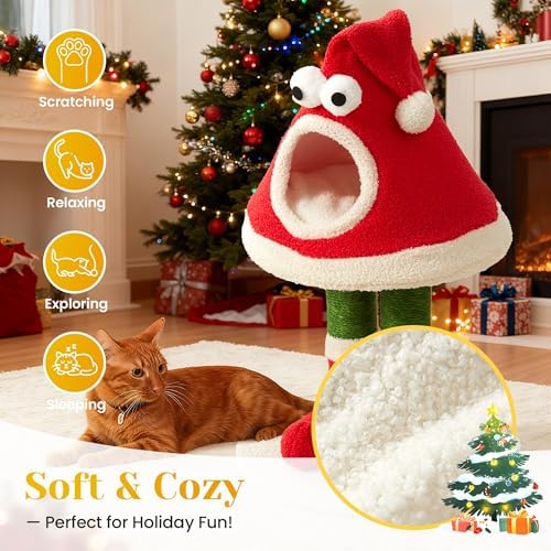 32" Cat Tree Tower –Santa Hat Design with Scratching Posts & Cozy Bed, Suitable for Small to Large Cats, Red