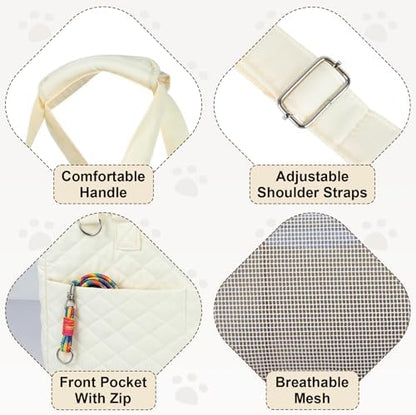 YooxArmor Dog Purse Carrier for Small Dogs & Cats, Foldable Soft Tote for 5-14lbs Pets, Large Pockets, Safety Leash & Removable Mat for Walking Shopping Outdoor, White