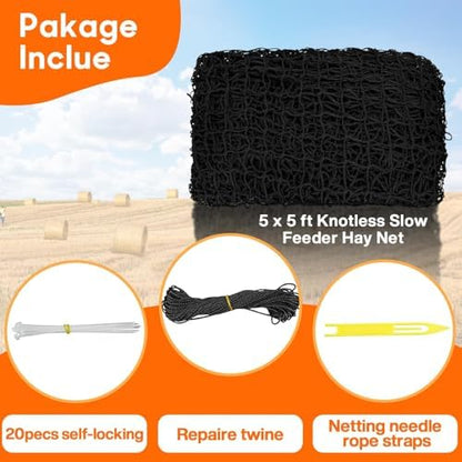 5 x 5 ft Round Bale Hay Net for Horses, with 20 Ropes Netting Comb Zip Tie