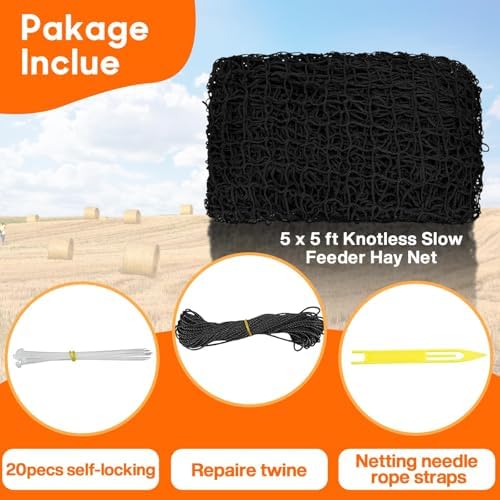 5 x 5 ft Round Bale Hay Net for Horses, with 20 Ropes Netting Comb Zip Tie