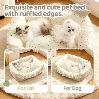 Jiupety Cat Bed for Indoor Cats Dog Beds for Small Dogs Removable Washable Small Dog Beds Pet Beds with Slip-Resistant Bottom Ruffled Puppy Beds with Pillow,Beige 24"x20"