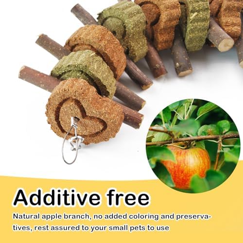 Rabbit Chew Toy,Bunny Chew Toys for Teeth Grinding,Natural Apple Branch Teething Sticks with Hay Grass Cake Improve Dental Health Bunny Hanging Chew Toys for Rabbits,Chinchillas,Hamster (4 Pcs)
