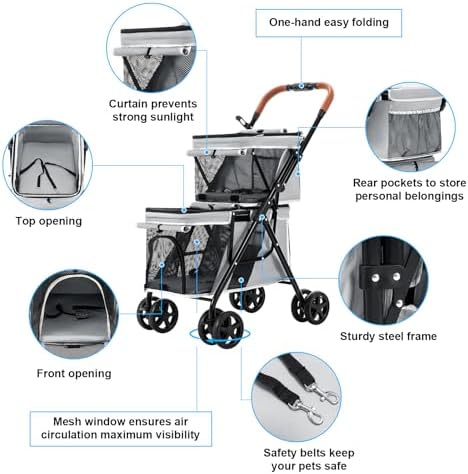 Double Pet Stroller for 2 Dogs & Cats, Double-Decker, Gray
