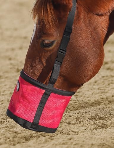 Harrison Howard Horse Muzzle Feed Bag Nylon Mesh Grain Feed Bag with Padded Neck Strap Adjustable Belt Pink Large