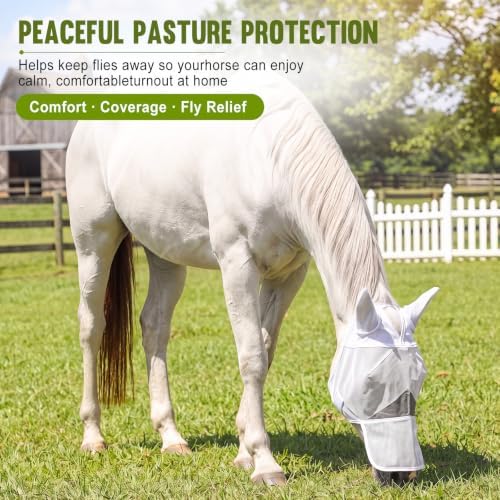 Dansydaisy Horse Fly Mask with Long Nose & Ears, Breathable Full Face Flymask, UV Block, 3D Eye Protection, for Quarter Horses, Warmbloods, Thoroughbreds, Other Standard Head-Type Horses(White)