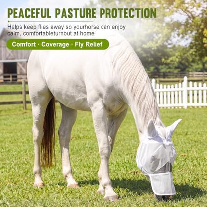 Dansydaisy Horse Fly Mask with Long Nose & Ears, Breathable Full Face Flymask, UV Block, 3D Eye Protection, for Quarter Horses, Warmbloods, Thoroughbreds, Other Standard Head-Type Horses(White)