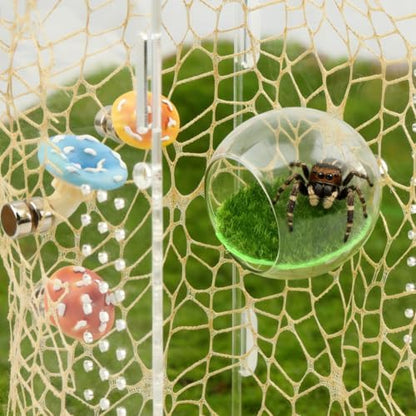 Jumping Spiders Hide Accessories, Glass Ball Hide Habitat Mushroom Platform, Small Spiders Enclosure Accessories with Artificial Grass and Nets for Climbing Resting