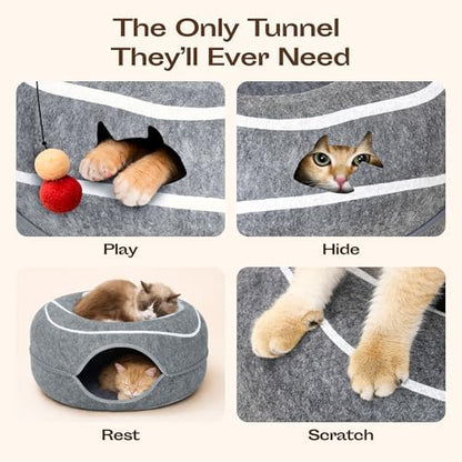Peekaboo Cat Cave Donut - Cat Tunnel Bed for Indoor Cats – Cute Patterns Hideaway for Multiple & Large Cats, Scratch-Resistant (Dark Gray)