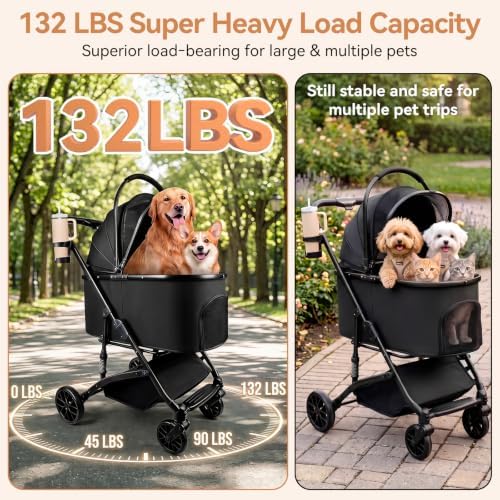 Heavy Duty Pet Stroller, 3-in-1 Dog & Cat Stroller with Detachable Carrier & Car Seat, 132 lbs Capacity for 1 Large/2 Medium Pets, Aluminum Alloy Frame, Shock Absorption, One-Touch Dual Brake, Black