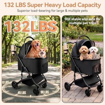 Heavy Duty Pet Stroller, 3-in-1 Dog & Cat Stroller with Detachable Carrier & Car Seat, 132 lbs Capacity for 1 Large/2 Medium Pets, Aluminum Alloy Frame, Shock Absorption, One-Touch Dual Brake, Black